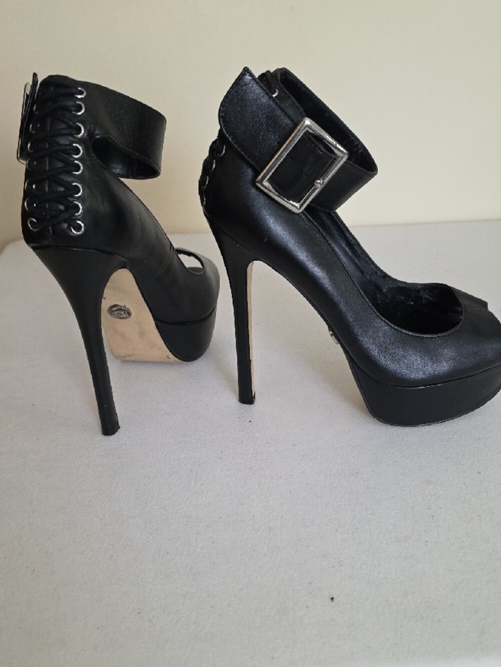 bebe Black Platform Peep-Toe Ankle Strap Stiletto Heels